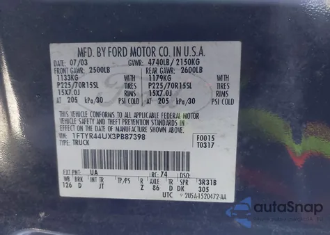 2003 Ford Ranger Edge/Tremor/Xlt from USA, damaged, VIN 1FTYR44UX3PB87398